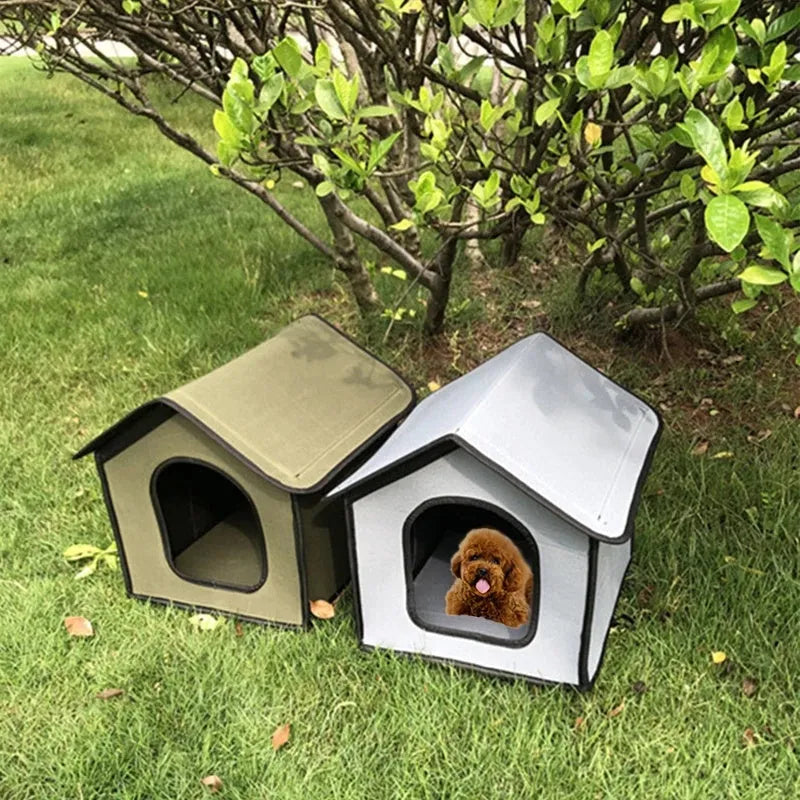 Waterproof outdoor pet kennel in chemical fibre, grey, army green or camouflage, medium or large, optional door curtain