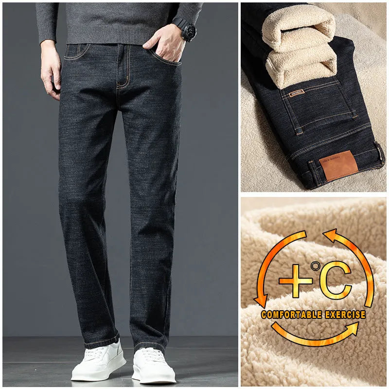 Men's loose straight fleece-lined jeans in black with lamb fleece lining, chenille fabric, sizes 29-48