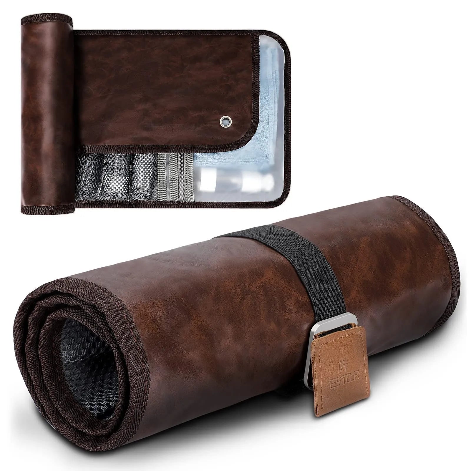 Men's portable reel wash bag in black or light brown with buggy bag design for travel toiletries storage
