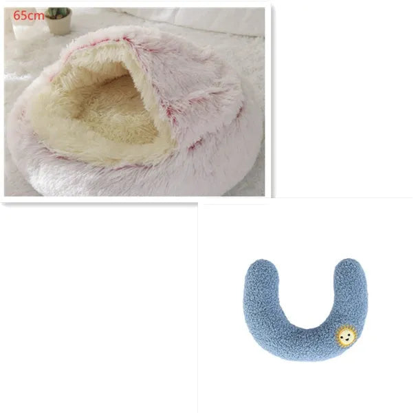 2 in 1 round plush pet bed with PP cotton filling for dogs and cats, available in brown, 65cm size