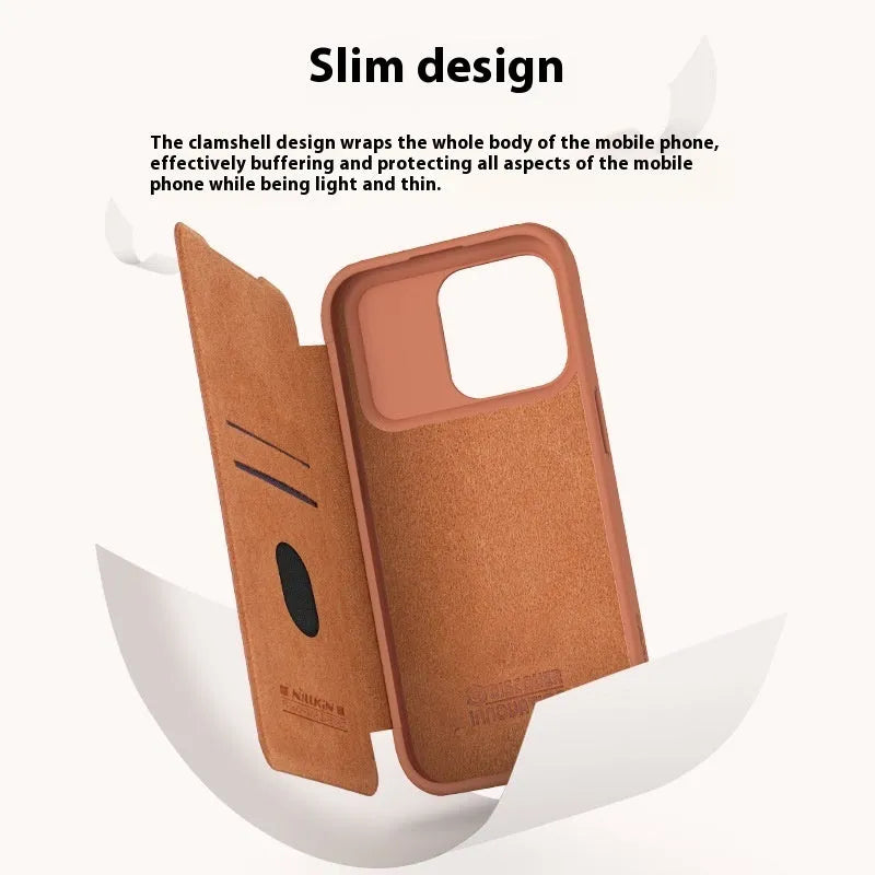 Imitation leather flip phone case for iPhone, shown in black, brown, and red colour options.
