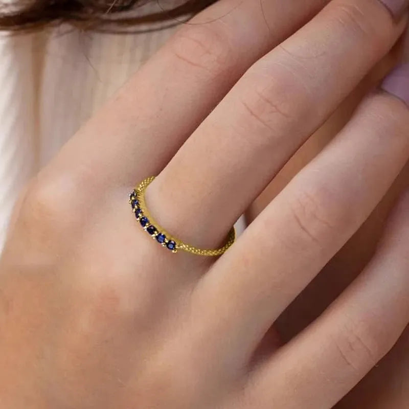 Retro gold copper thin row blue zircon geometric index finger ring for women
