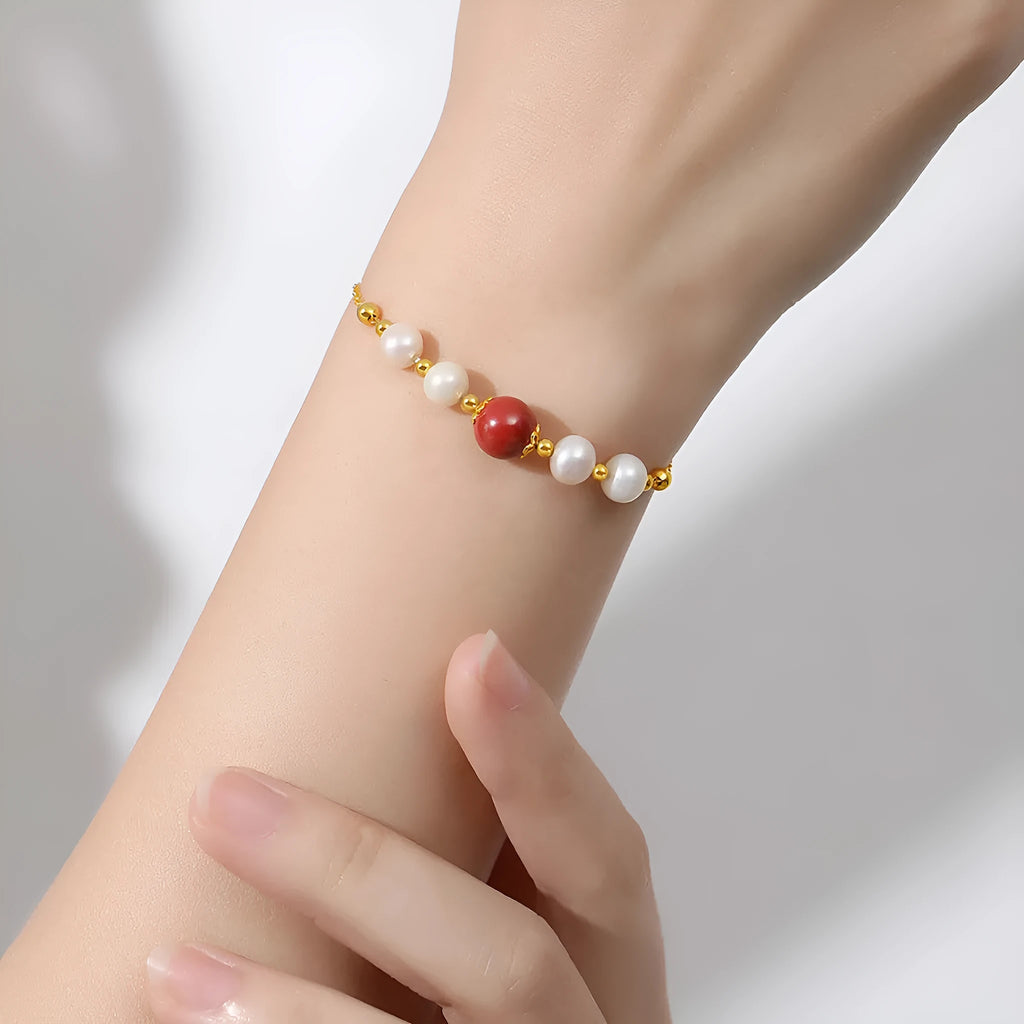 Yellow 925 silver bracelet with red bean pearl cinnabar design for women