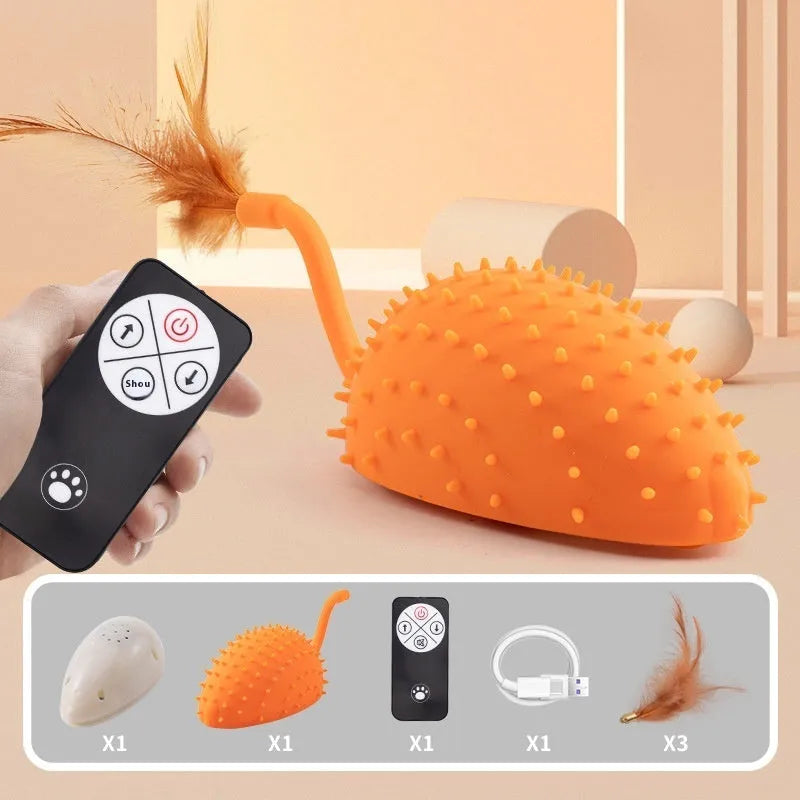 Remote control smart charging silicone mouse cat toy with feather attachment in cyan, orange and yellow colours