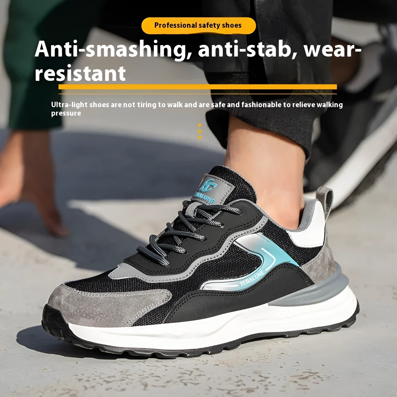 Men's low-top work shoes with suede and mesh upper, plastic steel toe cap, and PU sole.
