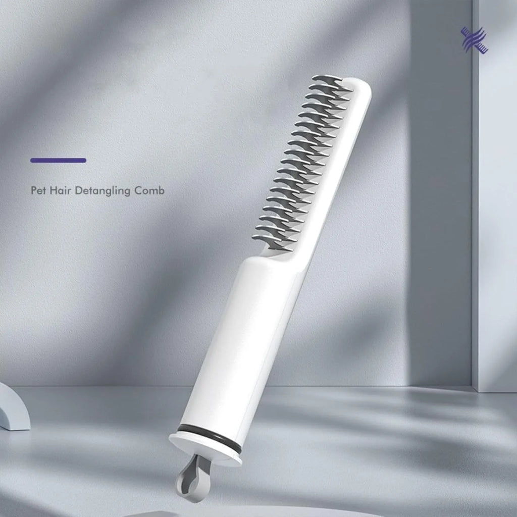 Pink and white stainless steel dog dematting comb with 18.8 cm handle for removing hair knots.
