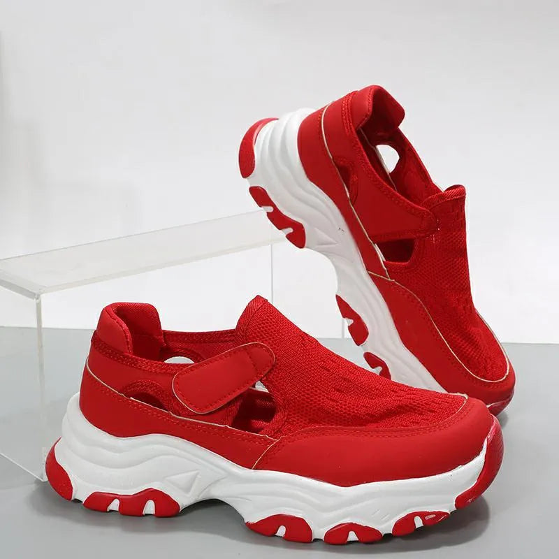 Women's mesh sport shoes with flat heel round toe Velcro closure in red black and blue colours
