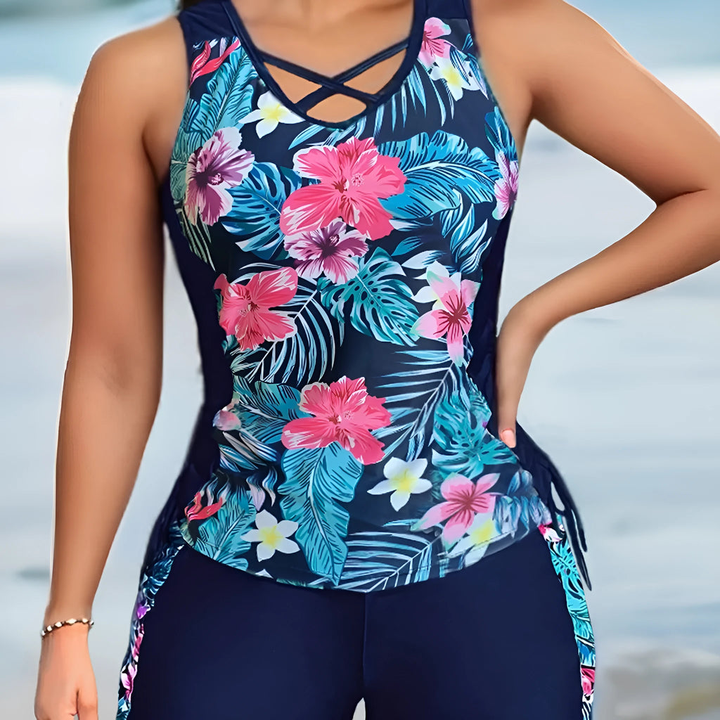 Plus size women's floral print swimsuit bikini with high waist briefs and backless design