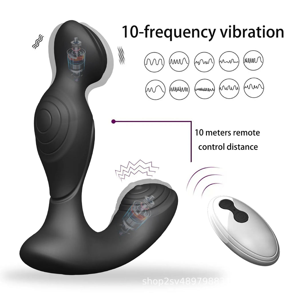 Black wireless remote control prostate massager made from silicone and ABS plastic with separate remote control unit