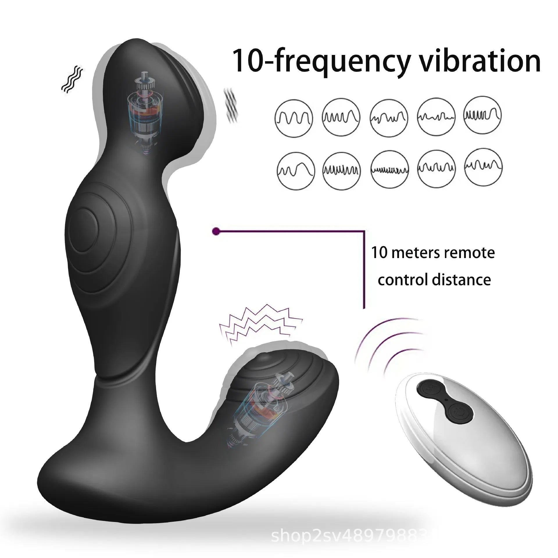 Black wireless remote control prostate massager made from silicone and ABS plastic with separate remote control unit