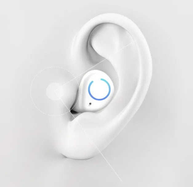 Black and white M18 true wireless Bluetooth in-ear headphones with charging case.