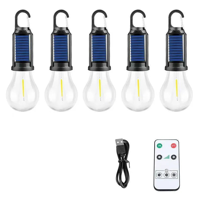 Five solar powered lantern style outdoor light bulbs with warm white LED lighting