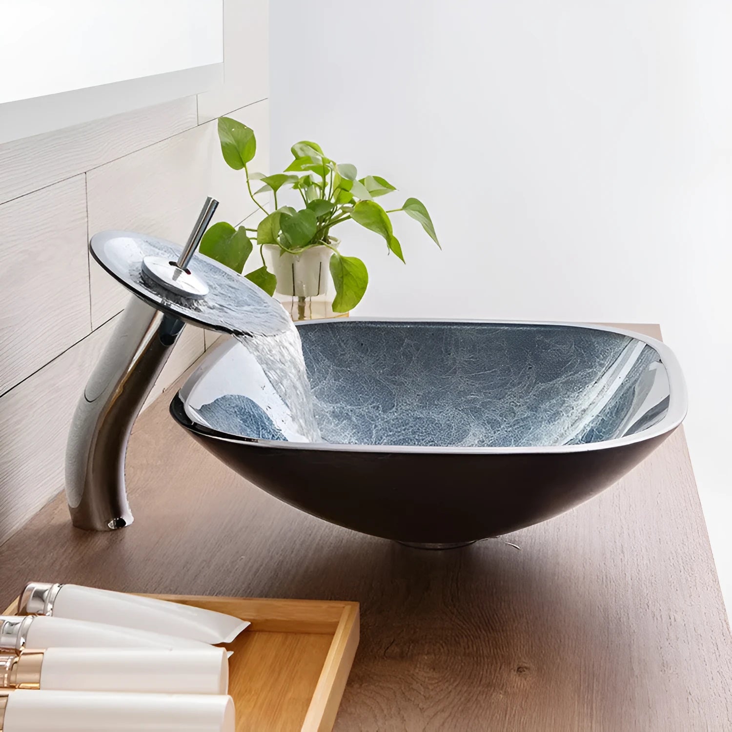 Blue grey tempered glass table basin with simple art design for bathroom installation