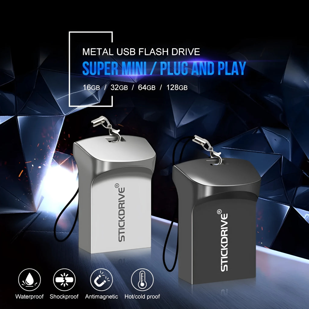 Metal USB flash drive on necklace chain showing black and silver colour options