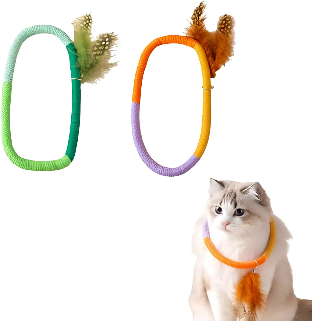 Green circular cotton rope cat toy with feathers and catnip for chewing and interactive play.
