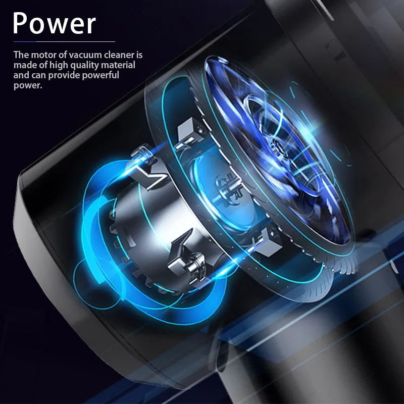 Compact black wireless car vacuum cleaner with long cable on a car seat