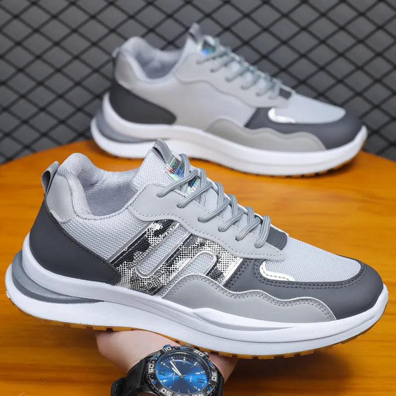 Men's white-green and black mesh casual sports shoes with shallow cut and leather toe holder