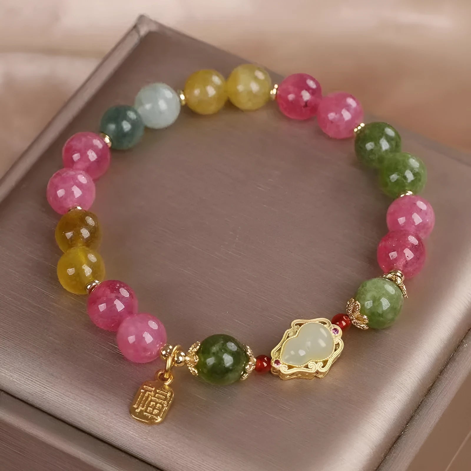 Colourful tourmaline gourd blessing card bracelet with flower shape and electroplated mixed materials