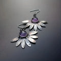 Purple Bohemian earrings with animal modelling and resin gemstone details on alloy framework