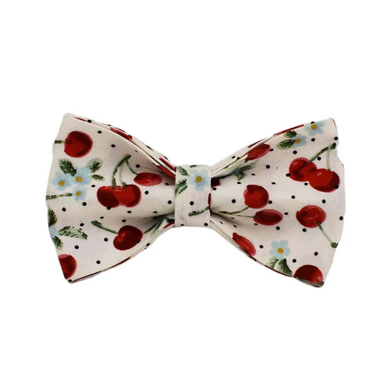 Red cherry printed dog collar set with leash, vest, poop bag, bow and light gold buckle