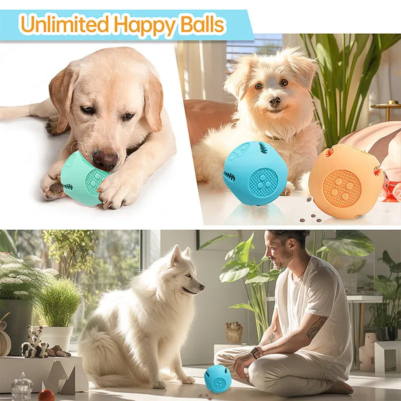 Silicone dice-shaped dog toy in yellow, sky blue, or green for treat dispensing and slow feeding.