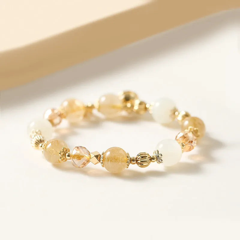 Gold coloured rutilated quartz crystal bracelet with Korean style design and electroplated finish