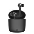 Black TWS Bluetooth wireless in-ear headphones on a white background.