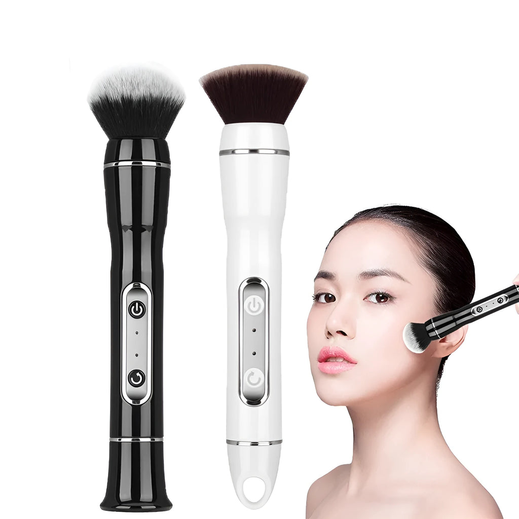 Electric makeup brush with foundation head and blush head, black, on a white background