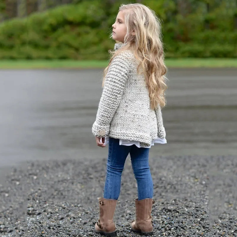 Beige girls cardigan sweater coat with single-breasted closure and long sleeves in knitted rabbit hair blend fabric