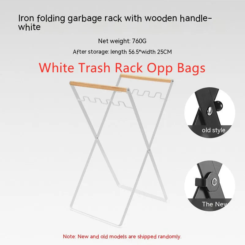 Folding outdoor rubbish rack with iron frame and wooden handle, shown in black colour.