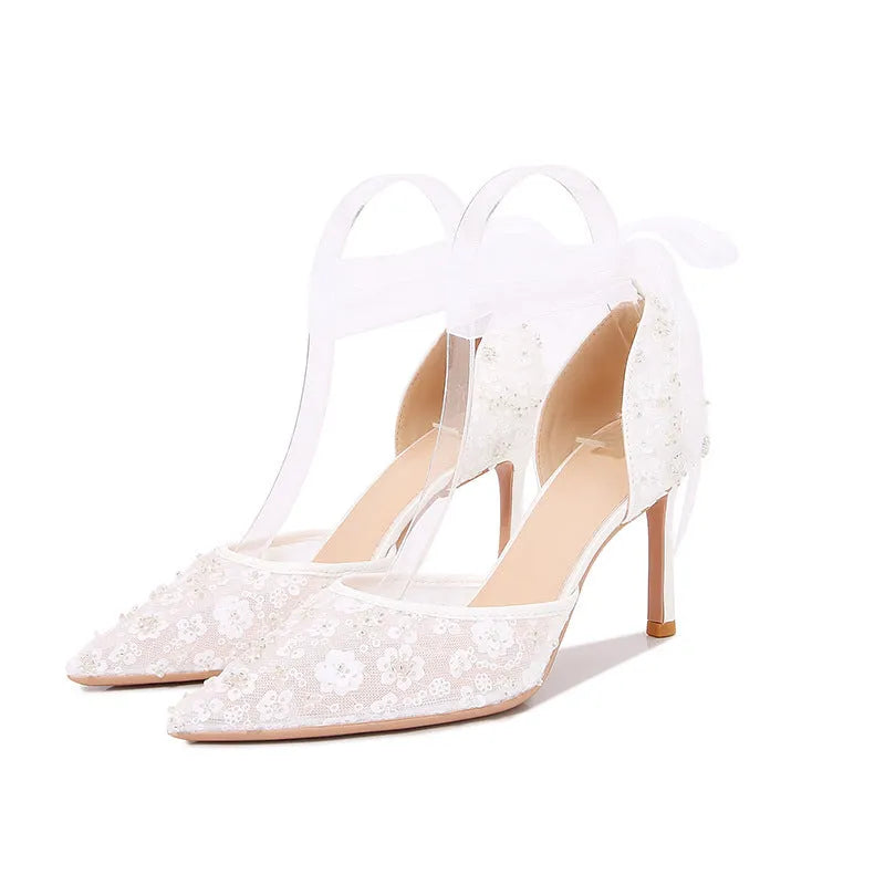 White satin women's sandals with sequin and hollowed design, pointed toe, high heel 6.5cm or 8.5cm