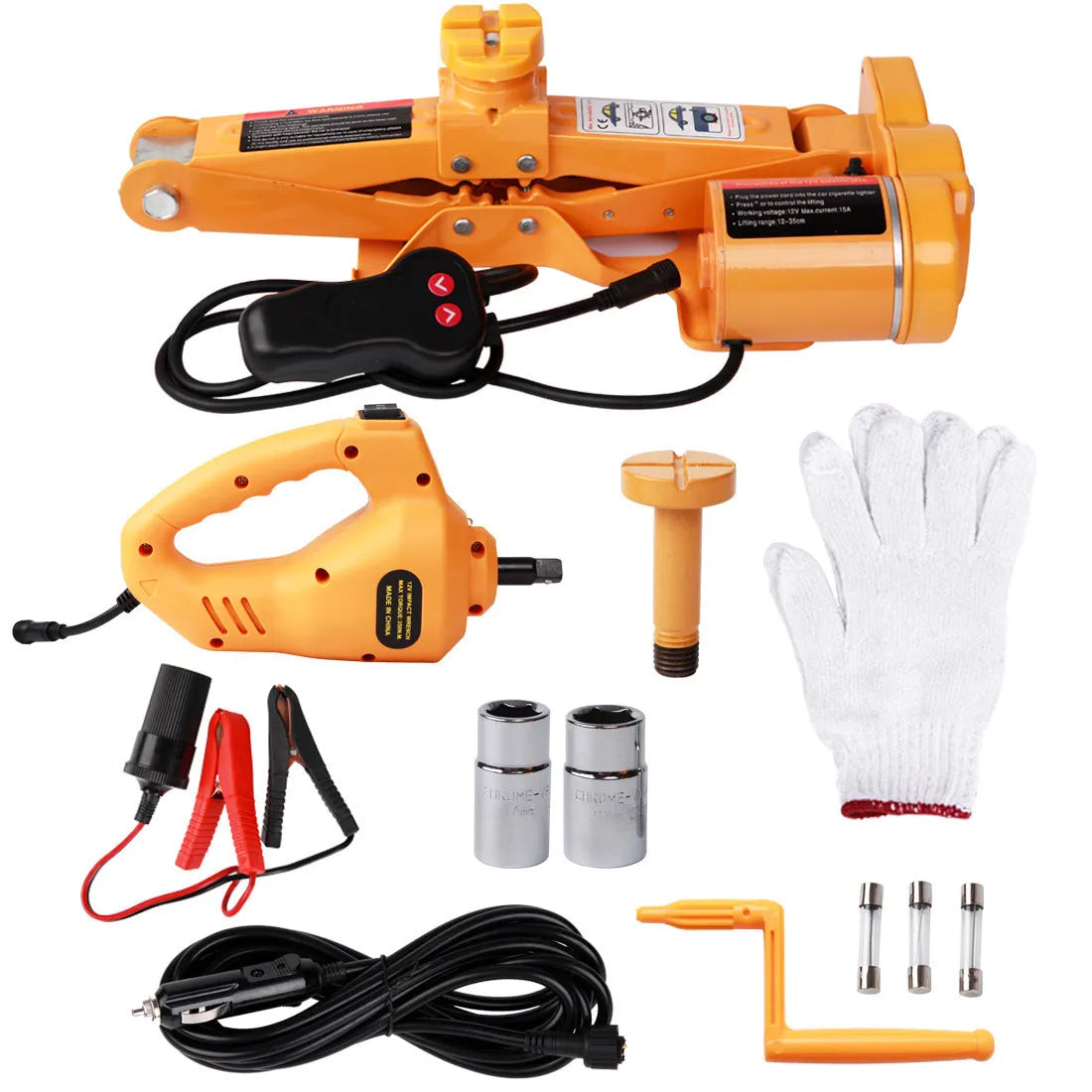 Yellow car electric jack set with electric wrench for vehicle lifting and maintenance
