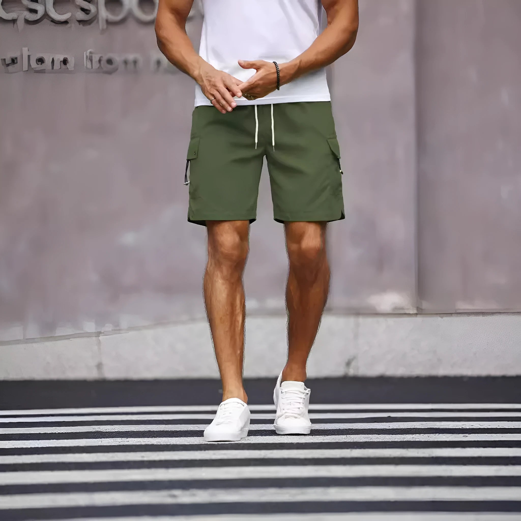 Men's straight-leg workwear shorts in cool silk cotton polyester fabric available in army green and fluorescent green colours