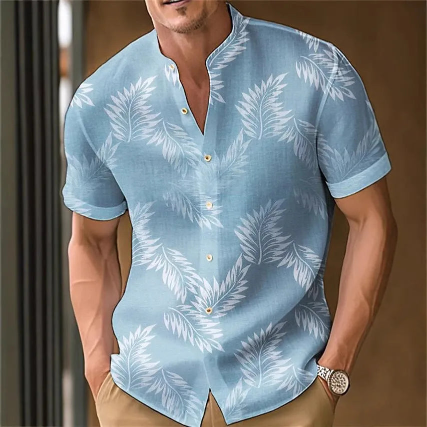 Men's printed casual polyester shirt shown in one of eight available colours.