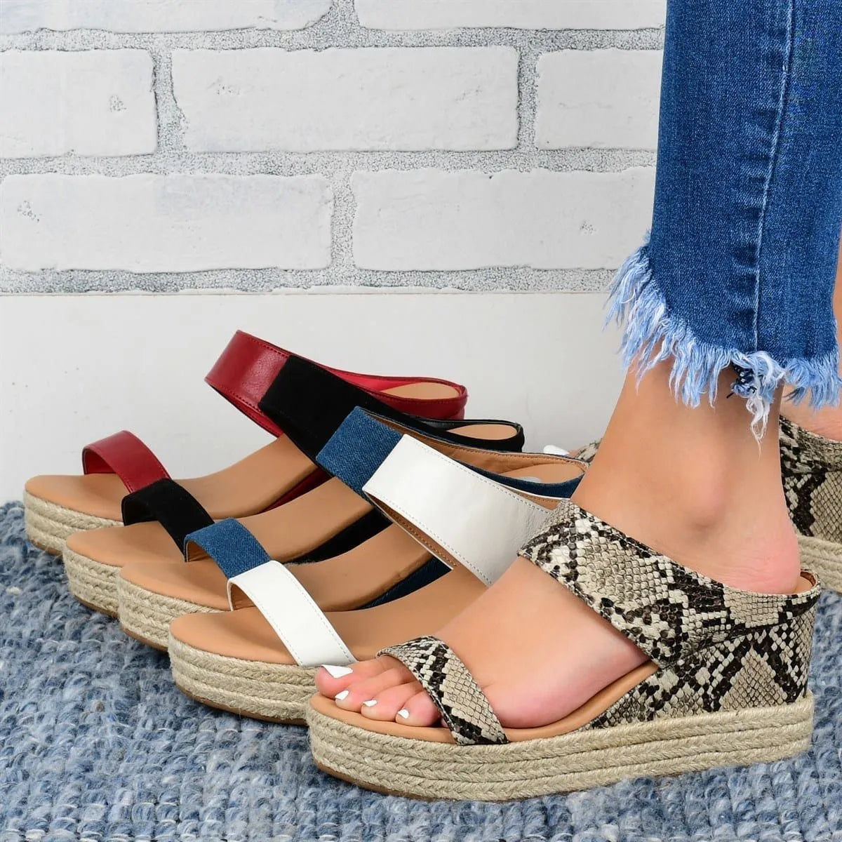 Wedge heel casual sandals with hollow design, artificial PU upper, rubber sole, round toe, 3-5cm heel, multiple colours