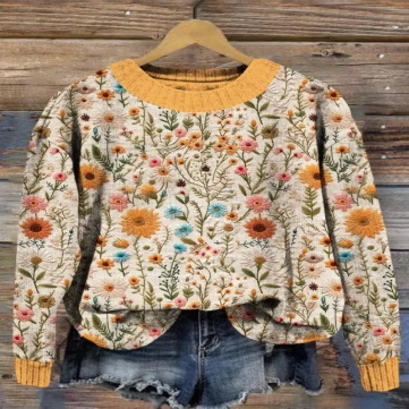 Little Flower digital printed round neck sweater in a floral pattern, available in multiple colours.
