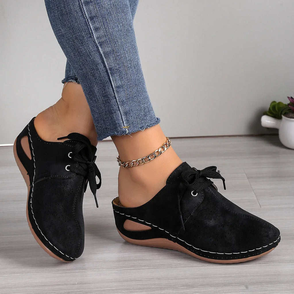 Women's lace-up baotou slippers with hollow-out wedge design in suede and rubber materials