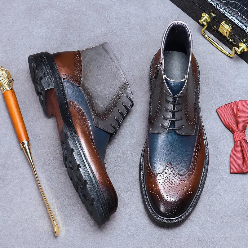 Men's curry blue leather brogue ankle boots with vintage carved stitching and front lacing.