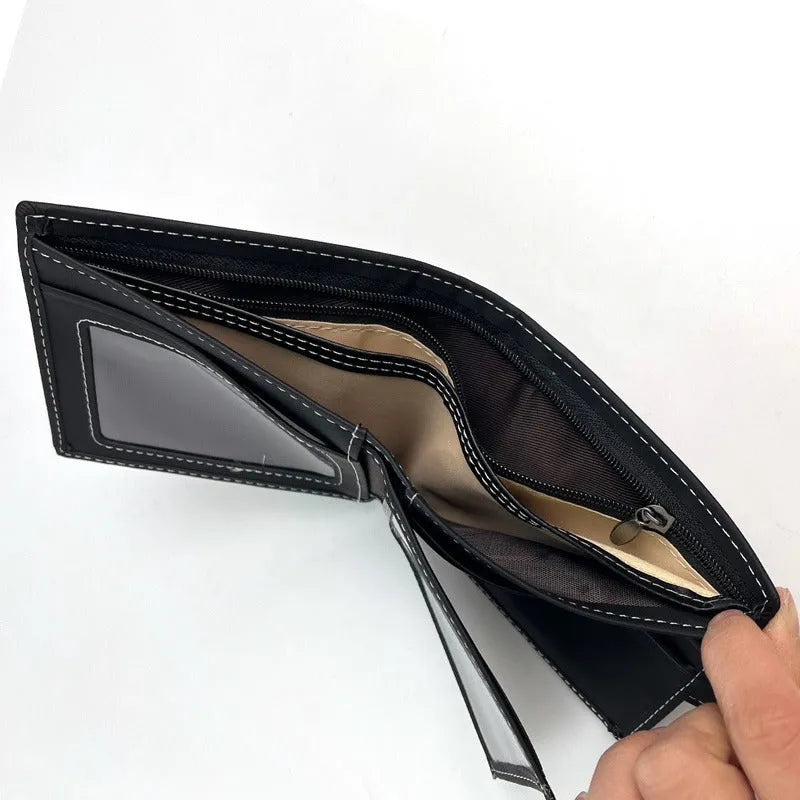Black PU leather men's wallet with animal pattern, zipper closure, and multiple card slots