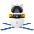 White automatic electronic cat toy with elastic rope extending from plastic base