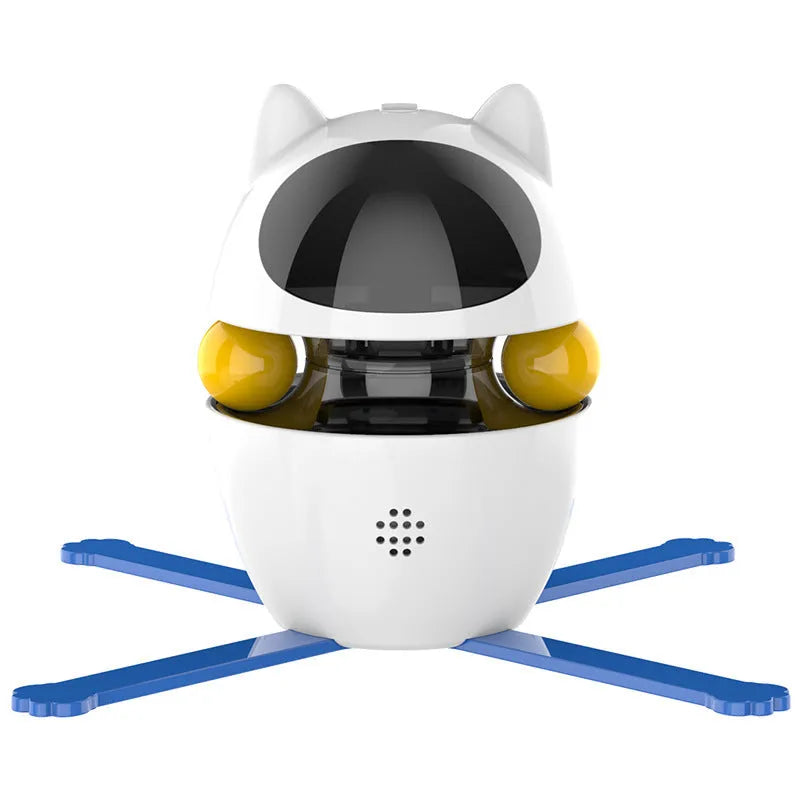 White automatic electronic cat toy with elastic rope extending from plastic base