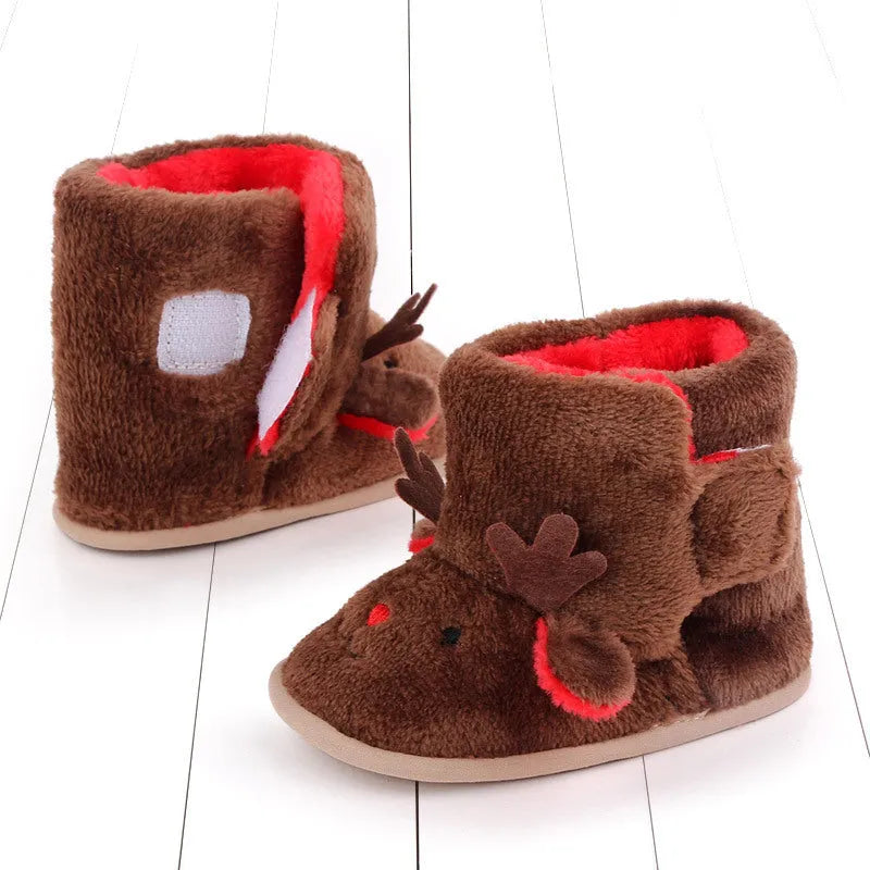 Plush cartoon baby boots in brown and white sizes 11cm 12cm 13cm for winter warmth