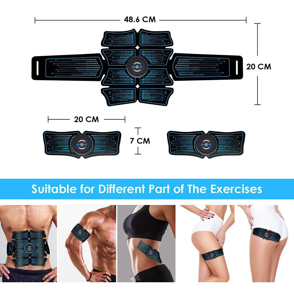 EMS abdominal muscle stimulator belt with remote and two arm belts on a white background