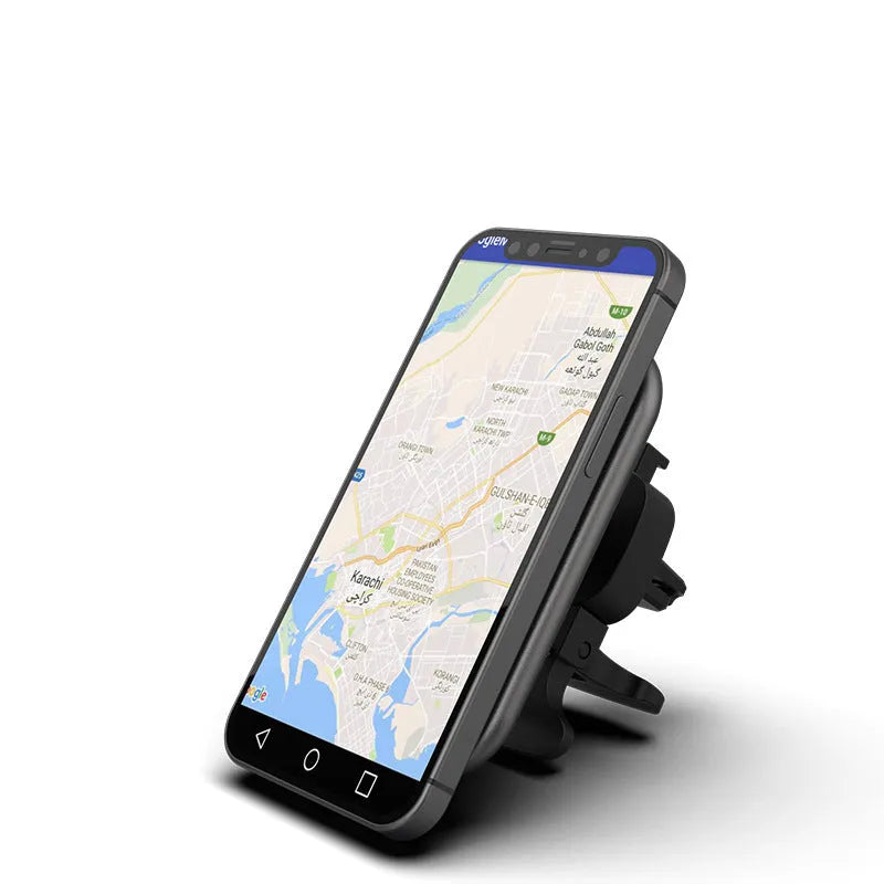 Black magnetic car wireless charging phone holder with USB interface, 15W charging, and indication function for 12V in-car use.