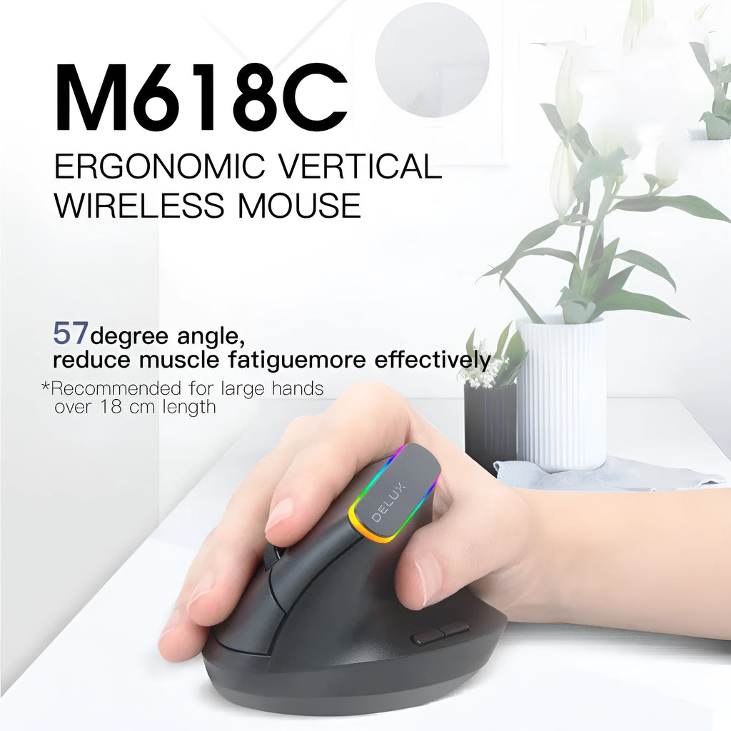 Black and white M618C wireless vertical ergonomic mouse with RGB lighting, shown from the side.