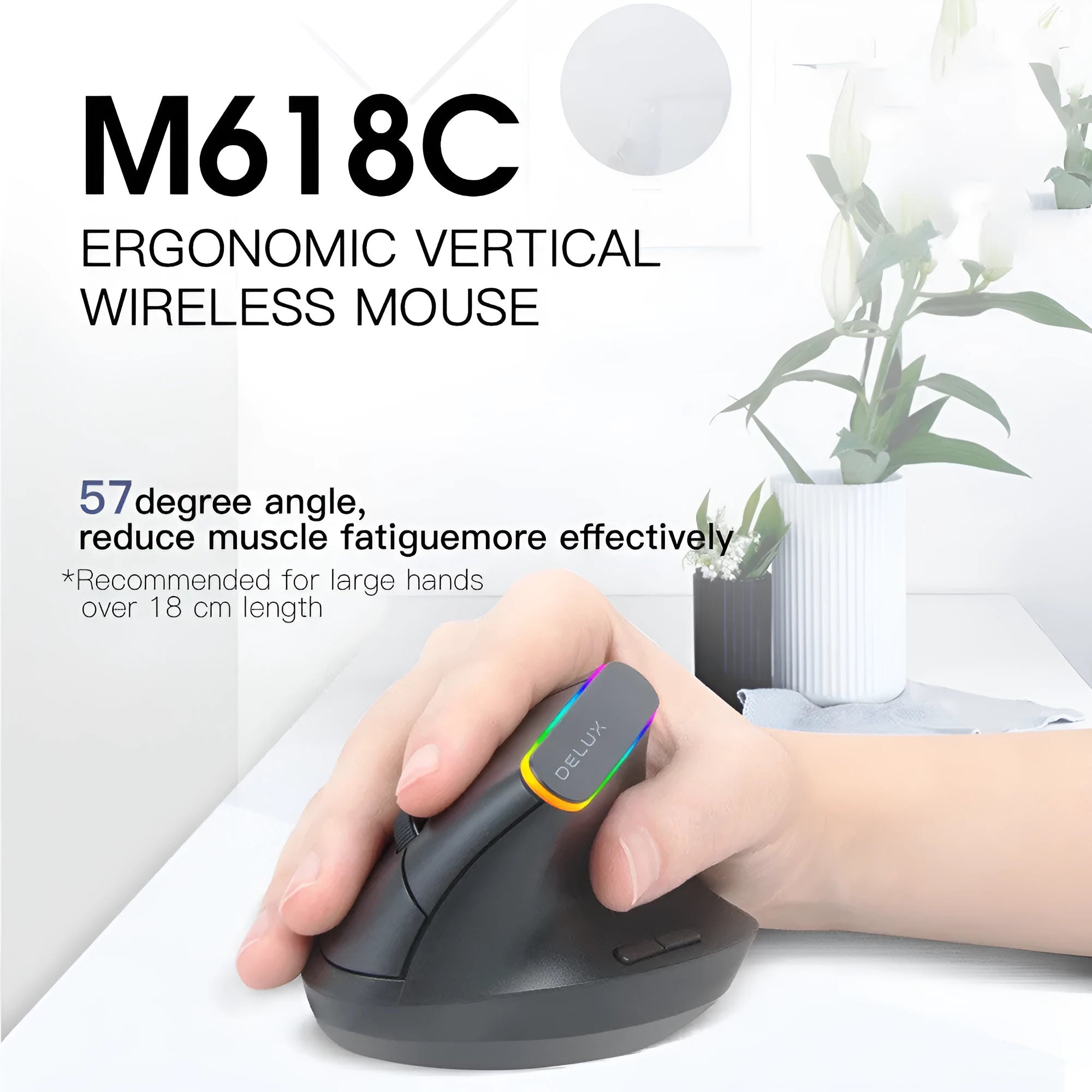 Black and white M618C wireless vertical ergonomic mouse with RGB lighting, shown from the side.