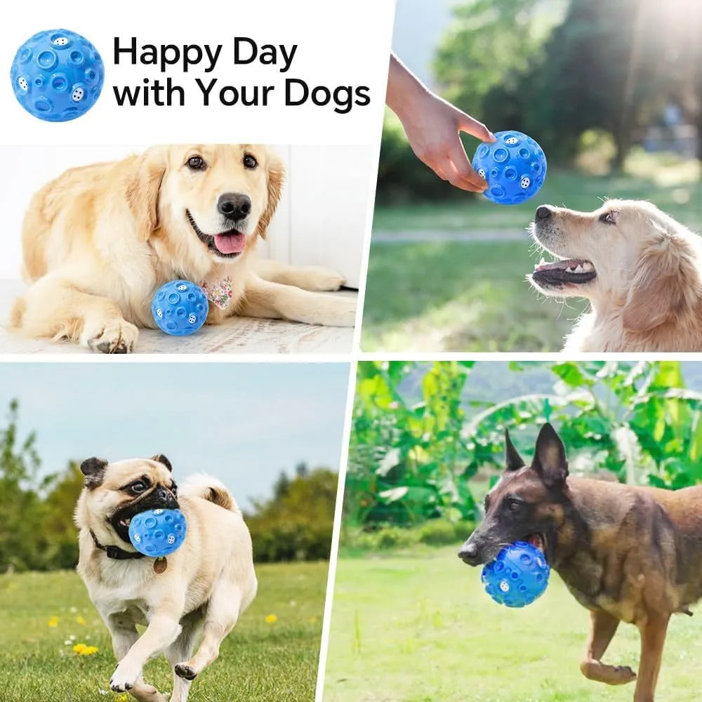 Durable dog chew toy ball with coloured rubber surface featuring tooth-cleaning bumps