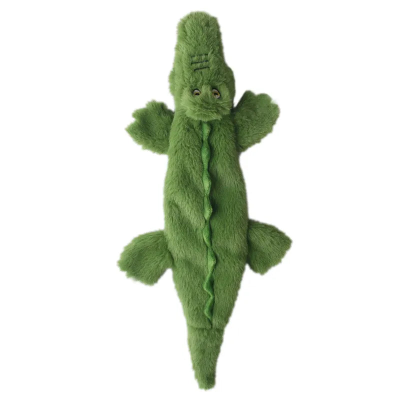 Green crocodile-shaped plush dog toy with no stuffing for safe chewing