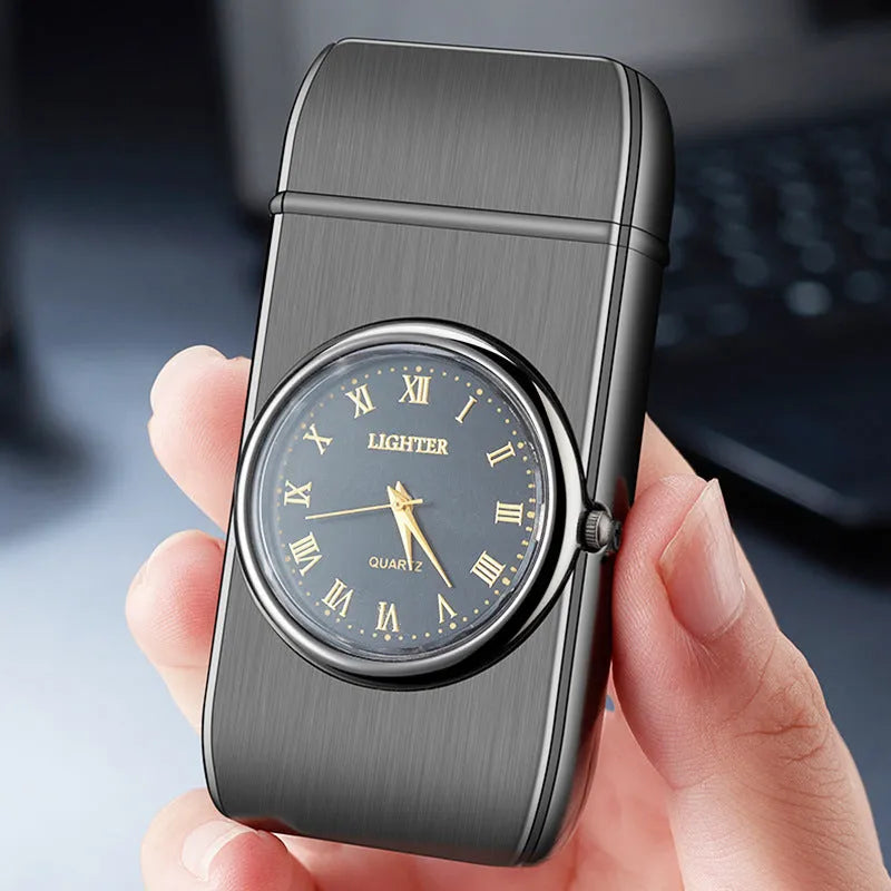 Multifunctional metal watch lighter with LED lamp in black brushed finish