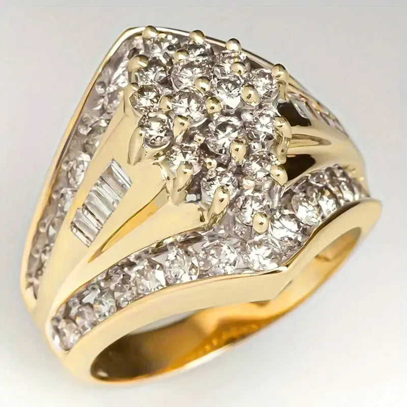 Gold electroplated geometric heavy industry ring on copper base showing palace style design details
